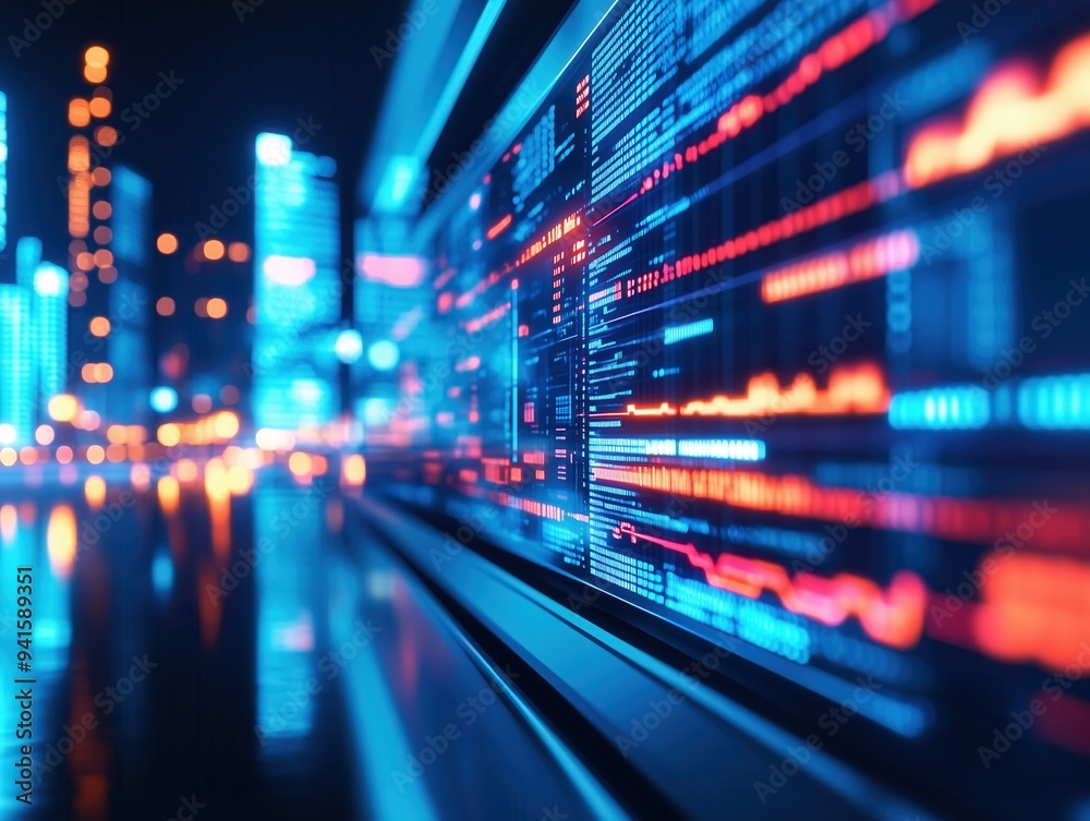 Obraz premium Futuristic data visualization on a digital interface with vibrant blue and red colors, representing technology and innovation.