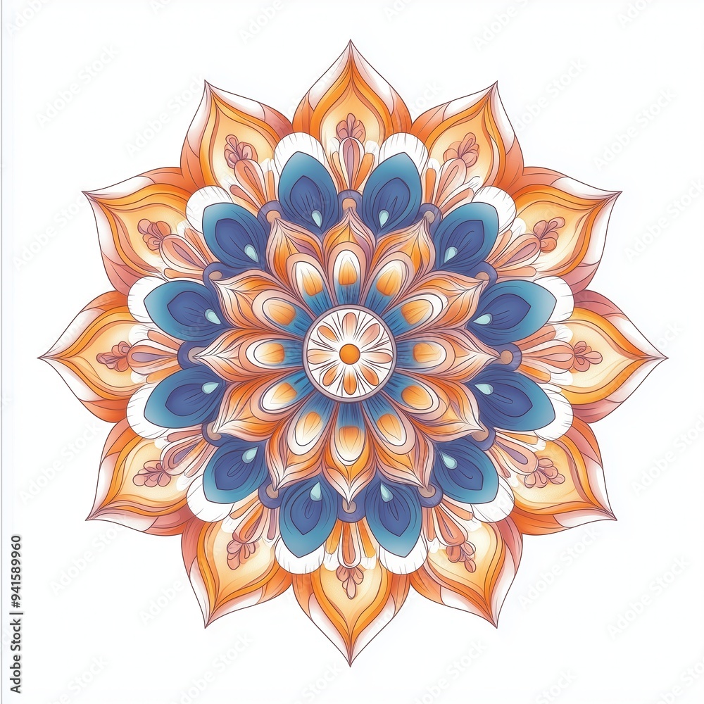 Vibrant mandala design featuring intricate floral patterns in blue and orange hues, perfect for decorative or spiritual use. Vibrant mandala design featuring intricate floral patterns in blue and orange hues, perfect for decorative or spiritual use.