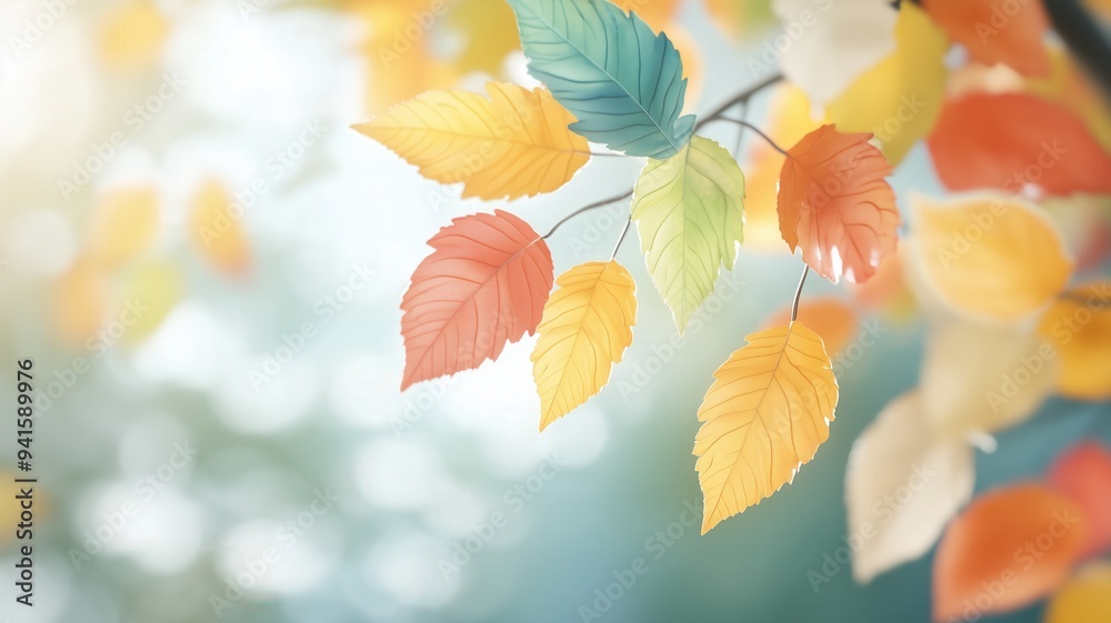 Fototapeta premium Vibrant autumn leaves showcasing a blend of yellow, orange, and green hues, capturing the essence of seasonal change and beauty.