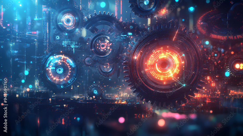 Fototapeta premium Futuristic mechanical gears with glowing blue and orange light, abstract industrial machinery background, high-tech engine components in digital space
