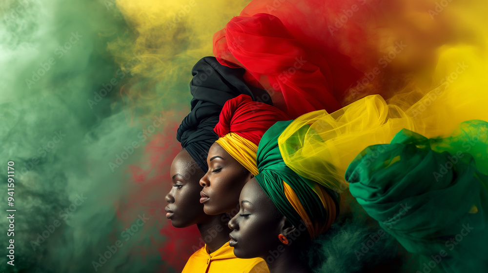 Three African women in headwraps against vibrant Pan-African colored ...