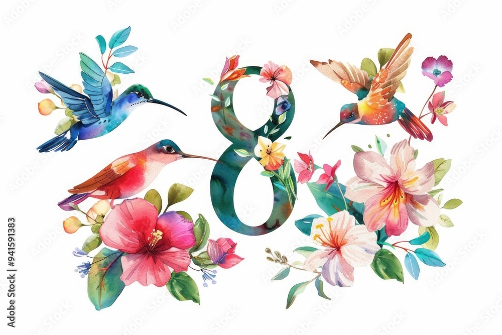 Fototapeta premium A stylized representation of the number 8 surrounded by flowers and birds, suitable for use in educational or decorative contexts