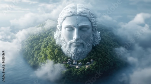 Majestic sculpture of a deity surrounded by lush greenery and clouds, evoking a sense of mystery and tranquility.