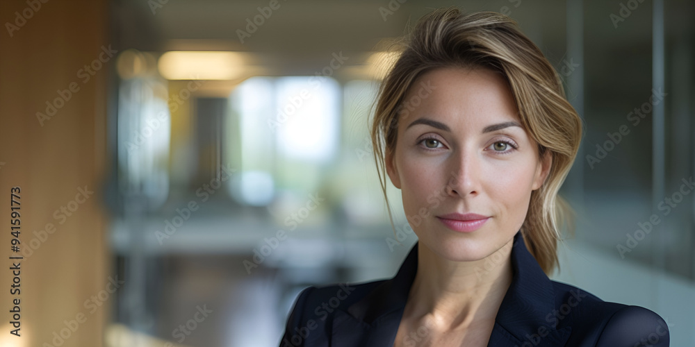 Portrait of a business woman, a composed and confident woman with blonde hair styled back, wearing a dark blazer in a modern office environment Portrait of a business woman, a composed and confident woman with blonde hair styled back, wearing a dark blazer in a modern office environment