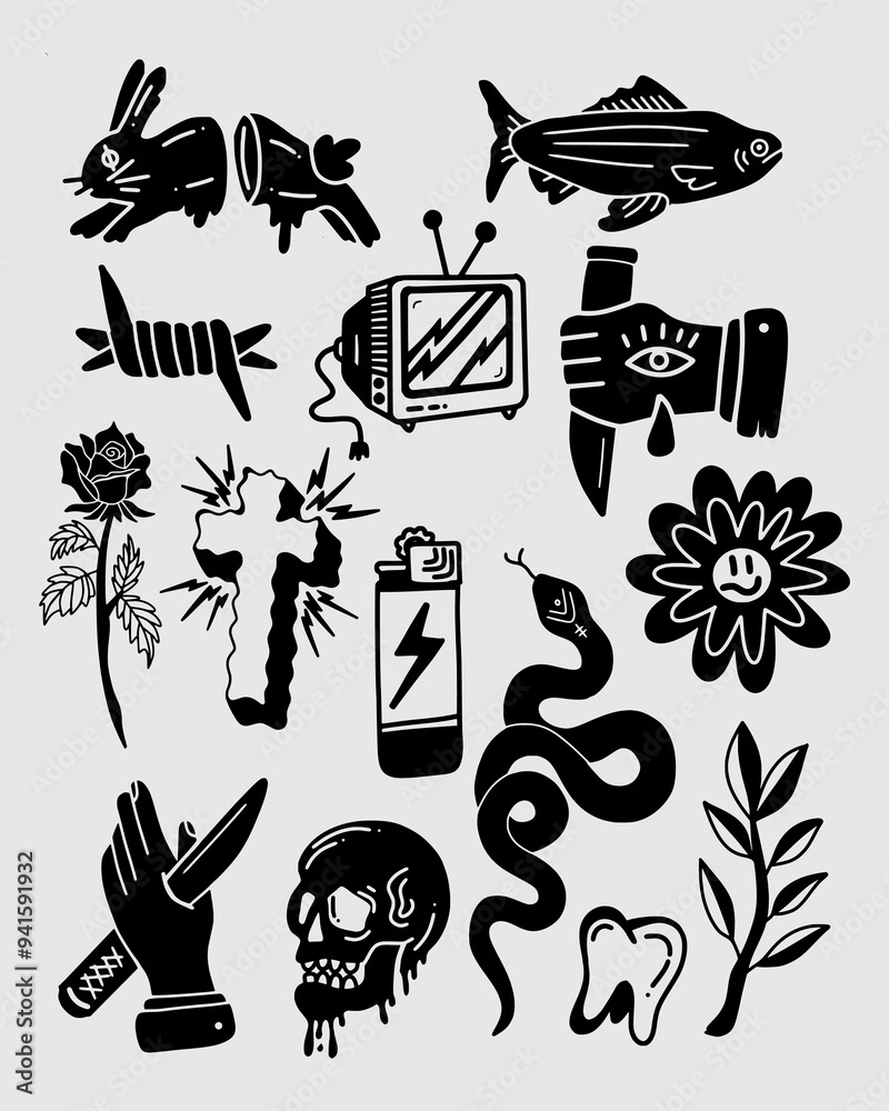 Obraz premium Icon tattoo style ink collage set collection streetwear t shirt fashion illustration vector mystical symbol design sticker print art isolated editable 