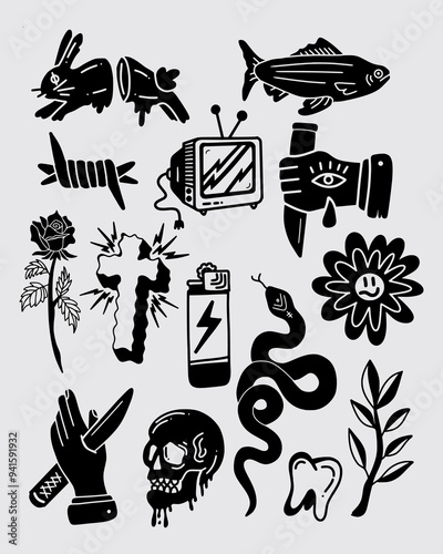 Icon tattoo style ink collage set collection streetwear t shirt fashion illustration vector mystical symbol design sticker print art isolated editable 