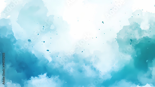 Blue green and white watercolor background with abstract cloudy sky concept with color splash design and fringe bleed stains and blobs. Abstract. Illustration photo