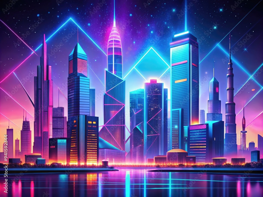 Fototapeta premium City Skyline, Cyberpunk, Neon, Vibrant, Geometric