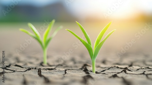 Two green sprouts emerging from cracked soil, symbolizing hope and resilience in a dry landscape under a warm sunlight.