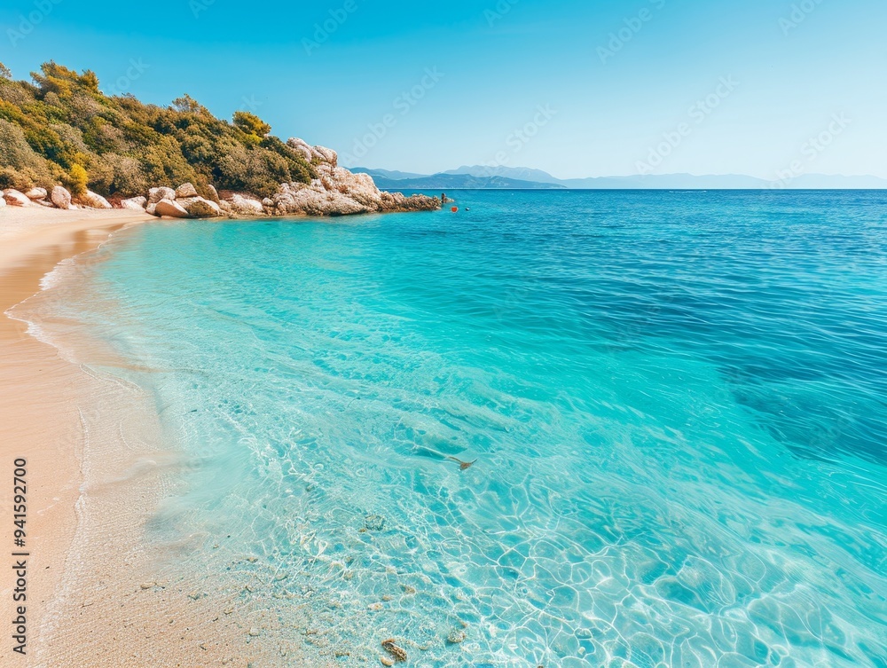 Fototapeta premium A serene beach with clear blue water, white sand, and a lush green hillside in the background.