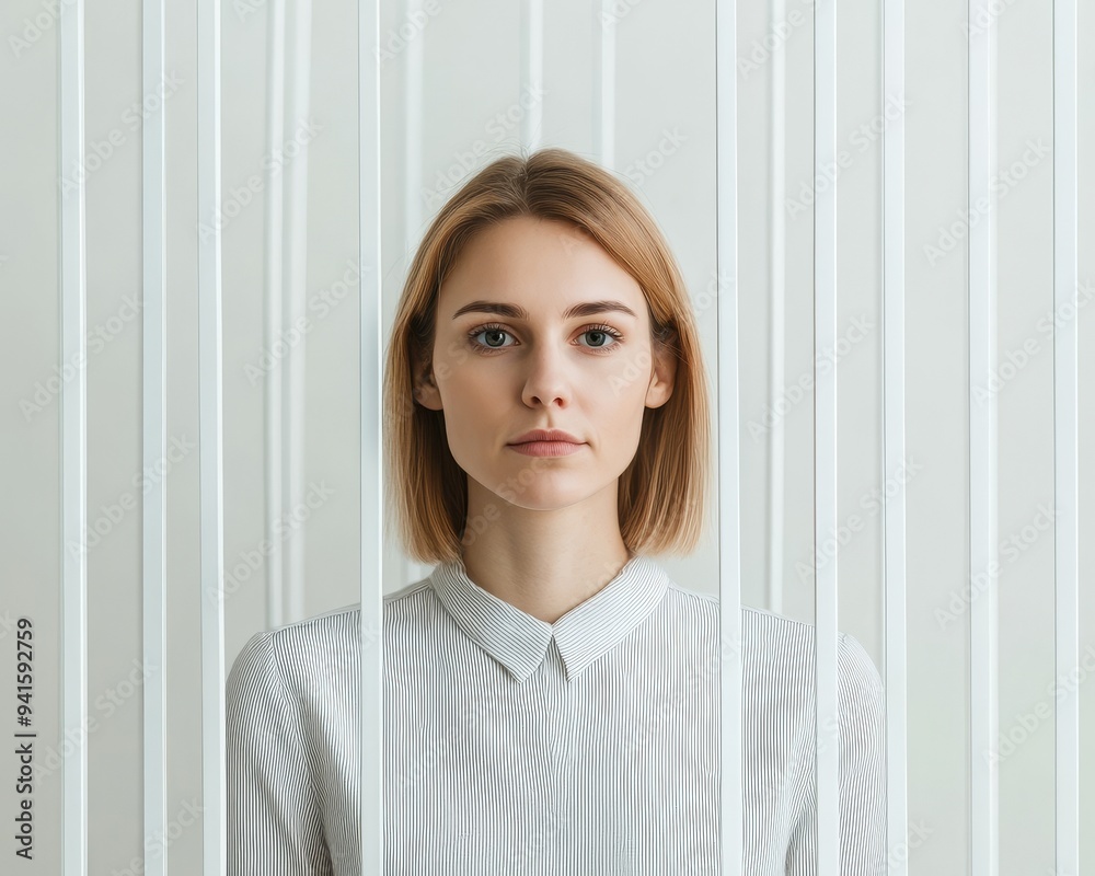 A serene portrait of a woman framed by vertical lines, showcasing minimalism and elegance in a modern setting. A serene portrait of a woman framed by vertical lines, showcasing minimalism and elegance in a modern setting.