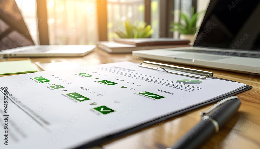 Printed Strategic Objectives Report with Goals Ticked Off and Green Check Marks Printed Strategic Objectives Report with Goals Ticked Off and Green Check Marks