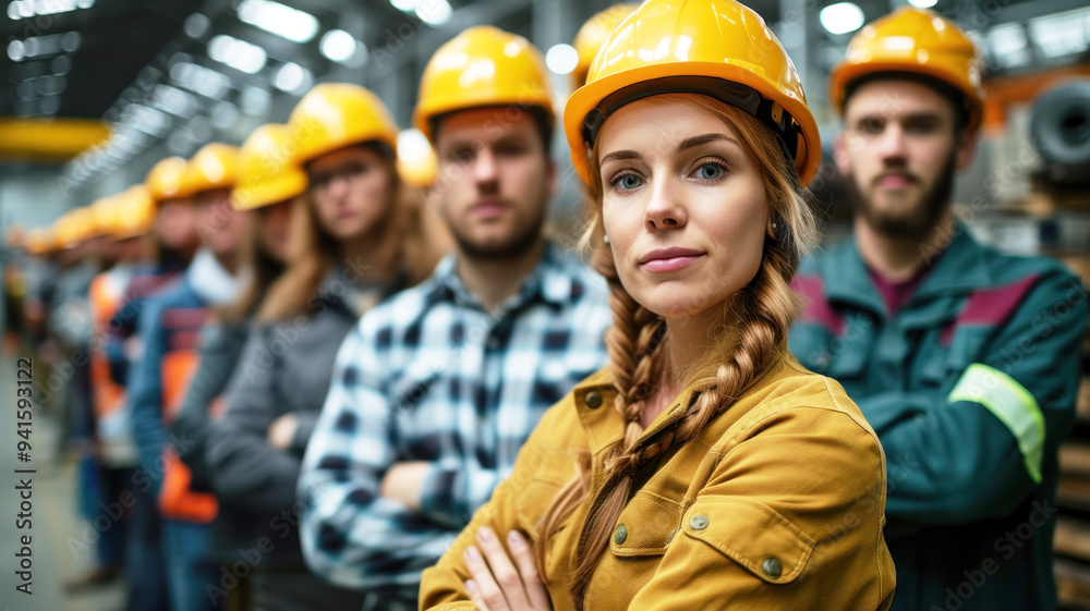 Group of workers in a long row with yellow helmets and arms crossed posing for a company photo inside the factory, with the group leader in the foreground. Group of workers in a long row with yellow helmets and arms crossed posing for a company photo inside the factory, with the group leader in the foreground.