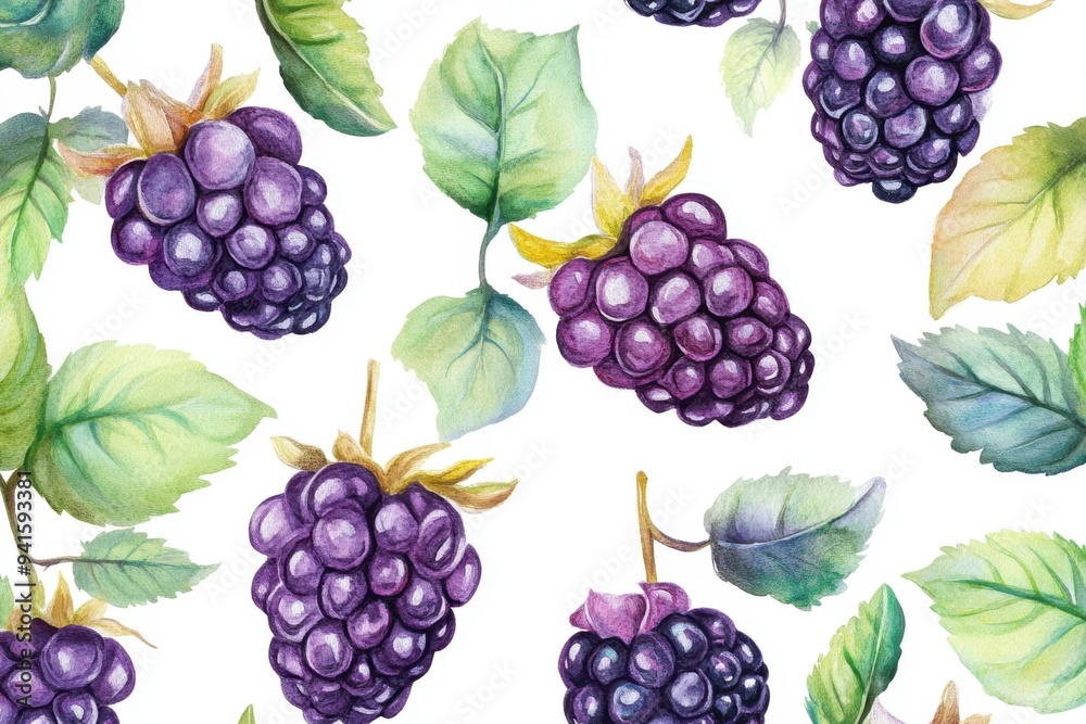 Beautiful watercolor pattern featuring ripe blackberries surrounded by vibrant green leaves on a white background. Beautiful watercolor pattern featuring ripe blackberries surrounded by vibrant green leaves on a white background.