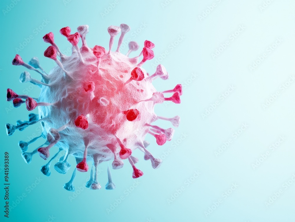Fototapeta premium A 3D rendering of a virus particle on a blue background. The virus has a red and white surface with spikes protruding from its surface.