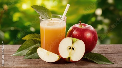 Fresh Apple Juice with Whole and Sliced Apple