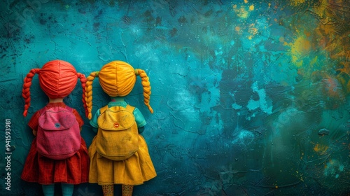 Colorful Friendship Day Concept with Two Dolls in Bright Outfits Against Artistic Background photo