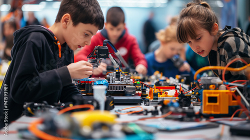 Children competing in a robotics hackathon, focused and creative atmosphere
