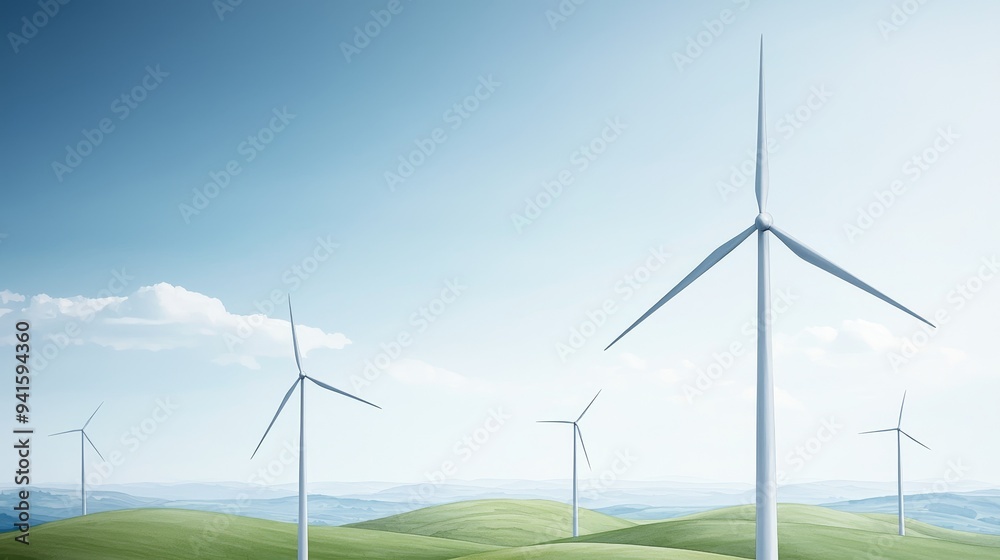 A field of wind turbines generating clean energy under a clear blue sky. A field of wind turbines generating clean energy under a clear blue sky.