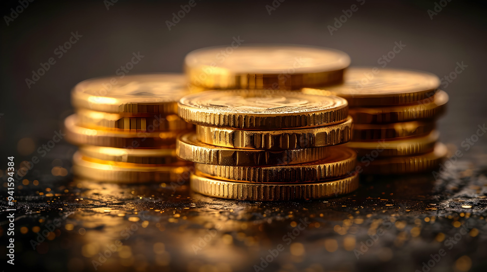 Golden Coins Stacked on Black Surface Photo Golden Coins Stacked on Black Surface Photo