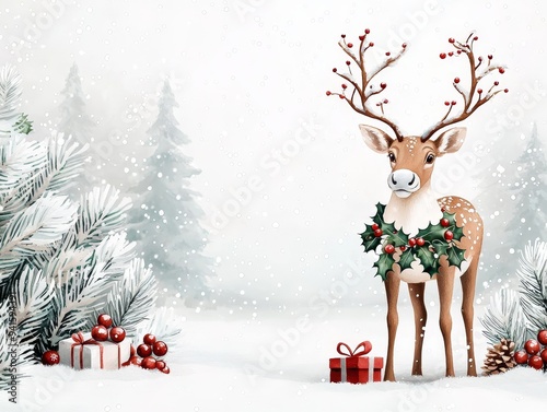 A festive reindeer with a holly wreath stands in a snowy forest with gifts, creating a charming winter wonderland scene.