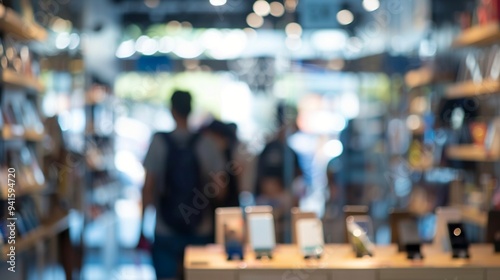 Blurred silhouettes of customers browsing in a cozy bookstore, with shelves of books lining the walls and a display table in the foreground, creating a warm literary atmosphere.