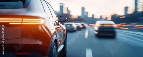 A dynamic scene featuring a modern car in motion, capturing the essence of urban driving and speed during twilight hours. photo