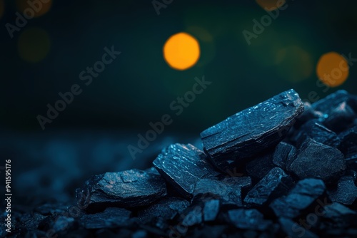 Close-up of dark textured stones with warm, out-of-focus lights in the background, creating a serene and mysterious atmosphere. photo