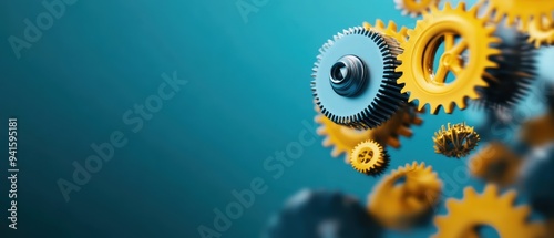 Close-up of interlocking yellow and gray gears against teal background, showcasing technology and mechanical engineering focus. photo