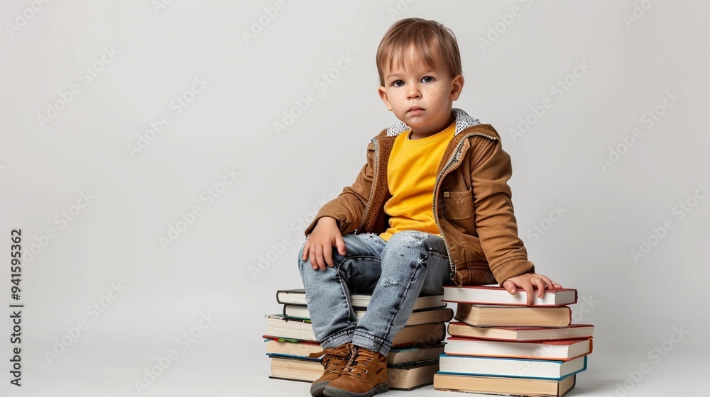 Curious toddler in bright yellow shirt and brown jacket perched atop a stack of books, embodying early childhood learning and exploration. Curious toddler in bright yellow shirt and brown jacket perched atop a stack of books, embodying early childhood learning and exploration.