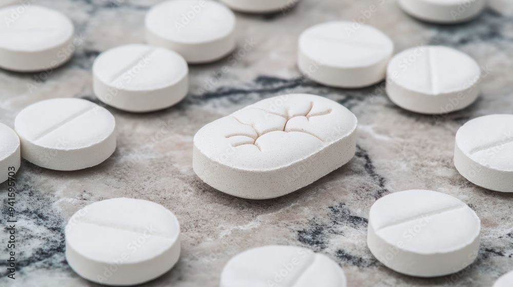 Close-up of white pills scattered on a marble surface, showcasing their smooth texture and varying shapes for pharmaceutical imagery. Close-up of white pills scattered on a marble surface, showcasing their smooth texture and varying shapes for pharmaceutical imagery.