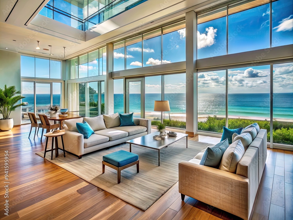 Coastal Haven with Expansive Vistas: Beachfront, Natural Sunlight, Floor-to-Ceiling Glass, Blues and Greens, Open Concept Coastal Haven with Expansive Vistas: Beachfront, Natural Sunlight, Floor-to-Ceiling Glass, Blues and Greens, Open Concept