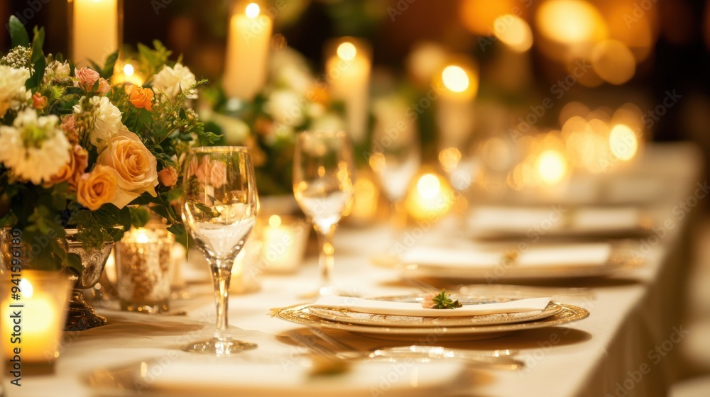 Candlelit Romance: A table adorned with elegant floral arrangements and shimmering candlelight creates an intimate and romantic ambiance for a special occasion. Candlelit Romance: A table adorned with elegant floral arrangements and shimmering candlelight creates an intimate and romantic ambiance for a special occasion.