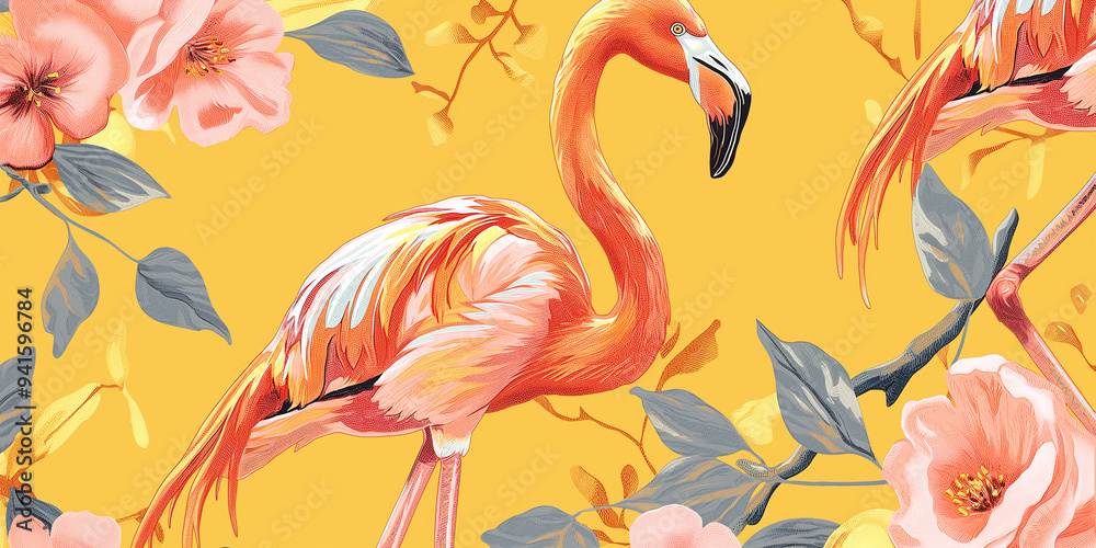 Fototapeta premium Exotic tropical summer background with flamingo design with an aesthetic yellow background 