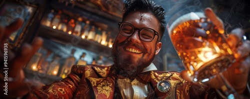 Joyful Man Celebrating with Beer in a Vibrant Bar Setting, Surrounded by Warm Lights and Ecstatic Atmosphere