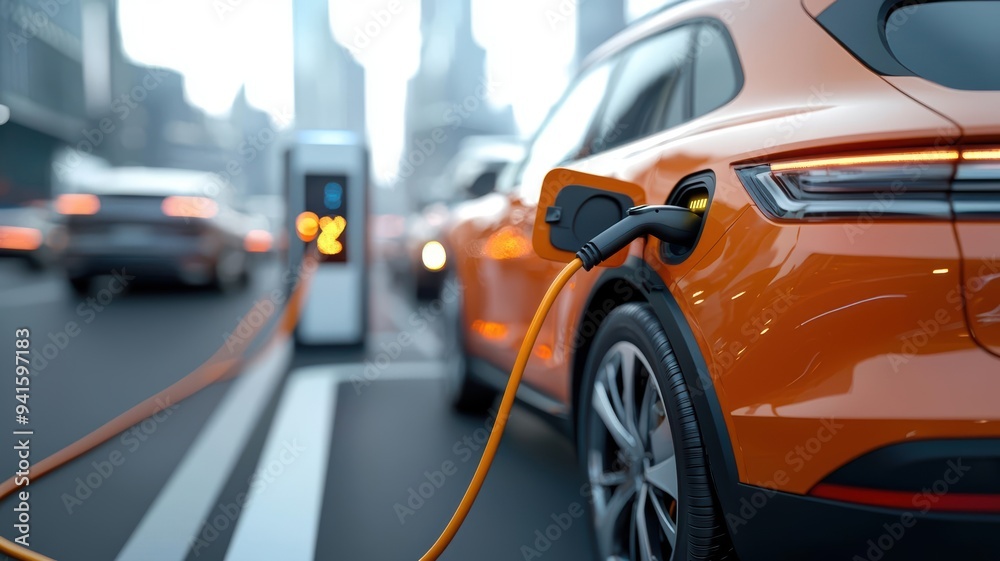 An orange electric car charging at a modern station in a bustling city, showcasing the future of sustainable transportation. An orange electric car charging at a modern station in a bustling city, showcasing the future of sustainable transportation.