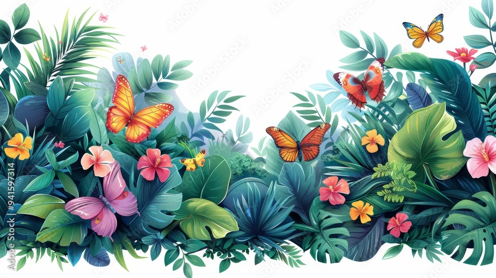 Vibrant Tropical Jungle with Colorful Butterflies and Lush Green Foliage Vibrant Tropical Jungle with Colorful Butterflies and Lush Green Foliage