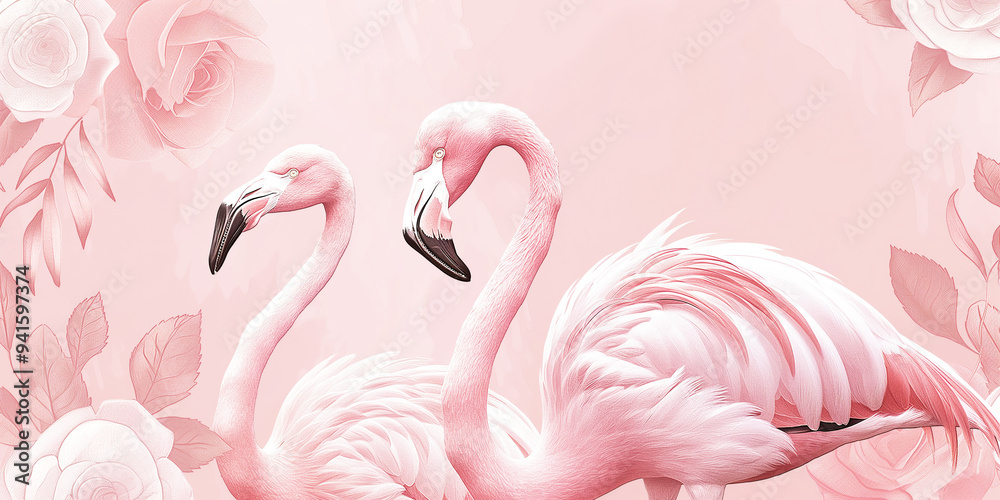 Fototapeta premium Flamingo pattern with cute floral elements, realistic illustration background 