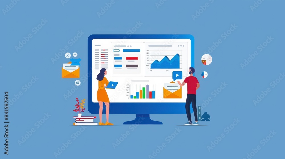 Illustration of colleagues analyzing data on a computer screen, emphasizing collaboration, analytics, and modern business tools.