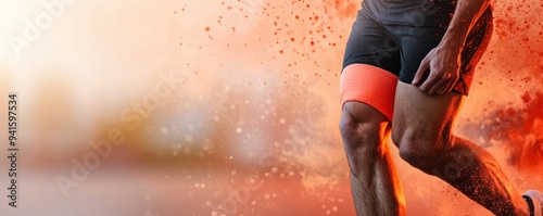 Dynamic close-up of male athlete's leg in action, showcasing strength and agility against a vivid background of motion. photo