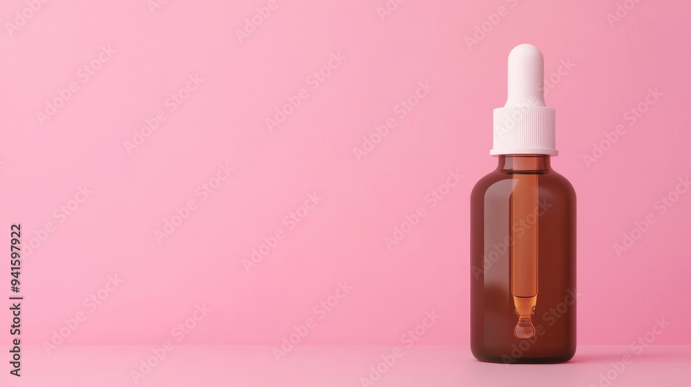 Elegant dropper bottle filled with serum set against a soft pink background, perfect for beauty and wellness product displays. Elegant dropper bottle filled with serum set against a soft pink background, perfect for beauty and wellness product displays.