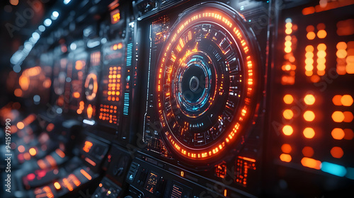 Futuristic Digital Interface Illustration with Orange and Blue Lights