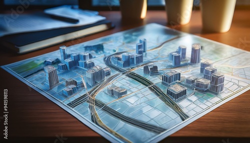 A map of the city on the table, town territorial plan