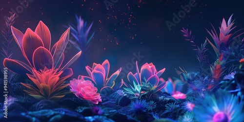 Vibrant Neon Flowers in Fantasy Scene. Neon Floral Abstract in Dark Background.