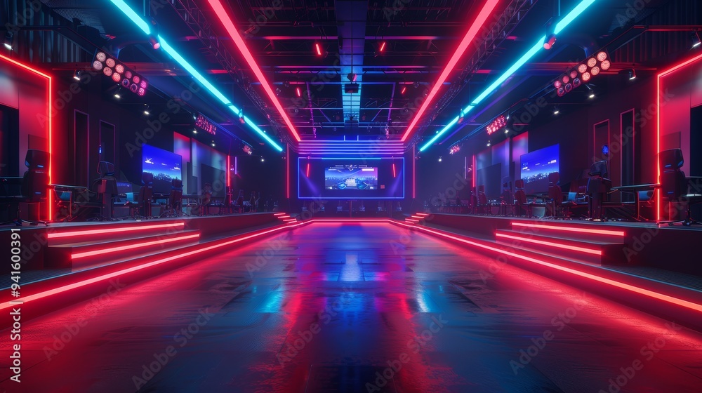 Futuristic eSports Arena with Neon Lights and High-Tech Gaming Setup for Competitive Gaming Events Futuristic eSports Arena with Neon Lights and High-Tech Gaming Setup for Competitive Gaming Events