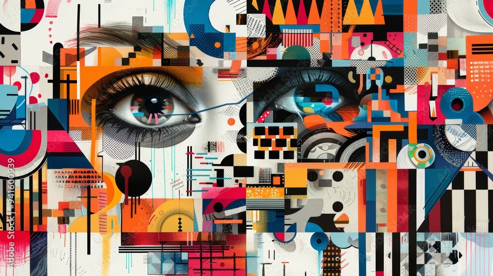 Vibrant Abstract Paper Arts Collage with Geometric Shapes and Eye Illustration in Modern Style Vibrant Abstract Paper Arts Collage with Geometric Shapes and Eye Illustration in Modern Style