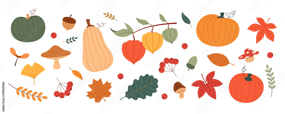 Autumn nature elements illustration. Maple leaves, fallen leaves, mushrooms, pumpkins, berries, etc. Autumn nature elements illustration. Maple leaves, fallen leaves, mushrooms, pumpkins, berries, etc.
