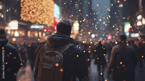 In a public square, interactive screens allow passersby to create their own 2025 New Year's messages. The messages are projected onto a central holographic display.