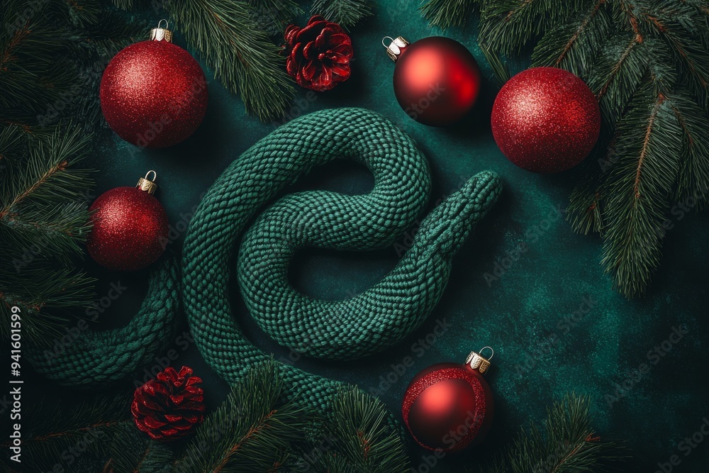 A snake represents the year 2025, with a Christmas tree ball in green A snake represents the year 2025, with a Christmas tree ball in green