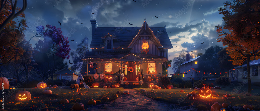 Houses decorated for Halloween with cobwebs, skeletons and lanterns. All Hallows' Eve Houses decorated for Halloween with cobwebs, skeletons and lanterns. All Hallows' Eve
